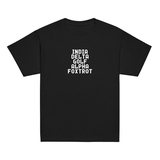 "India Delta Golf Alpha Foxtrot" printed on a black youth classic tee laying on a flat surface