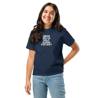 "India Delta Golf Alpha Foxtrot" printed on a navy youth classic tee worn by a female