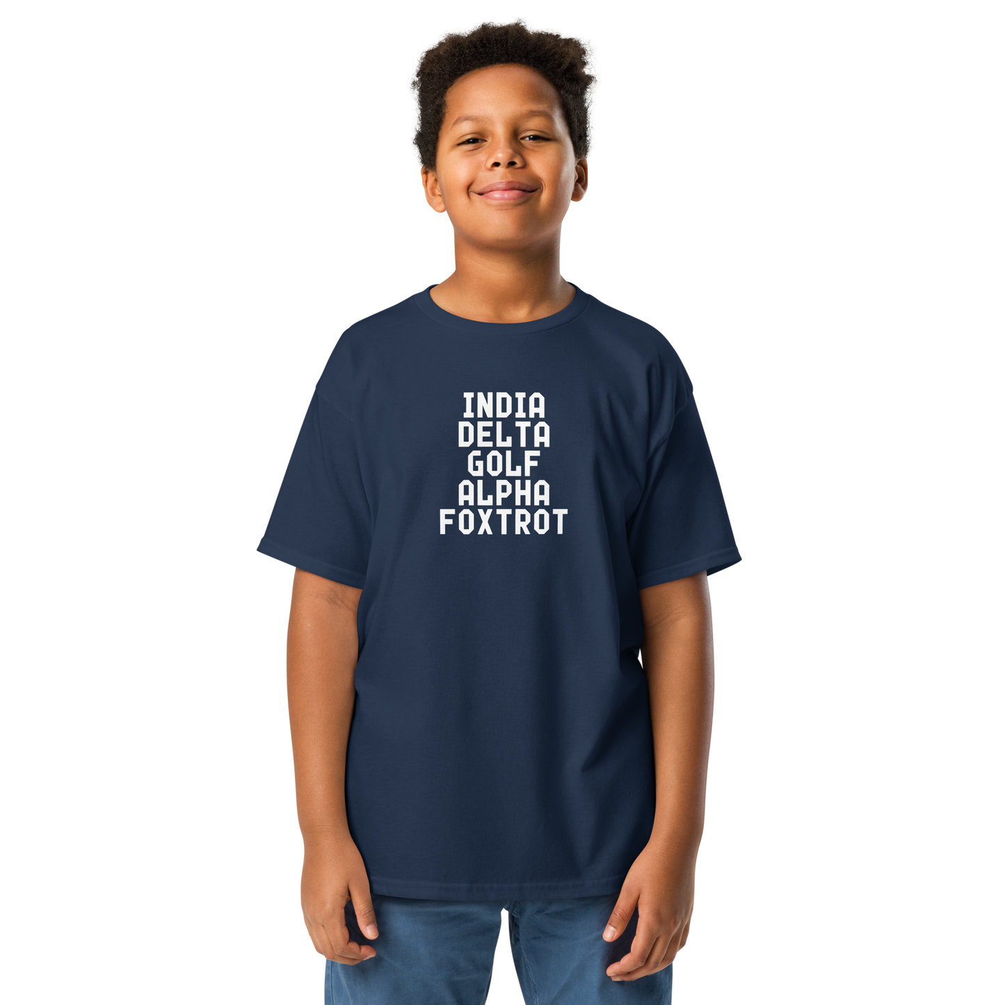 "India Delta Golf Alpha Foxtrot" printed on a navy youth classic tee worn by a male