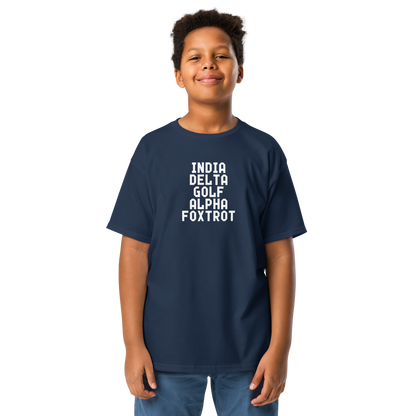 "India Delta Golf Alpha Foxtrot" printed on a navy youth classic tee worn by a male