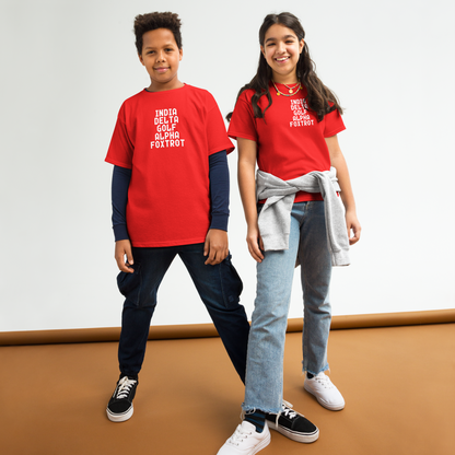 "India Delta Golf Alpha Foxtrot" printed on a red youth classic tee worn by a female and male