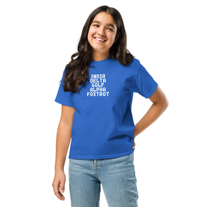 "India Delta Golf Alpha Foxtrot" printed on a royal youth classic tee worn by a female