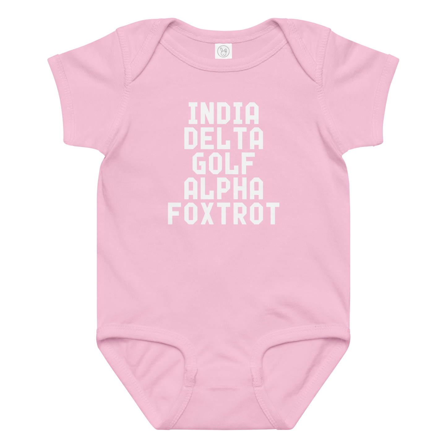 "India Delta Golf Alpha Foxtrot" printed on a pink baby jersey bodysuit laying on a flat surface amongst other clothes