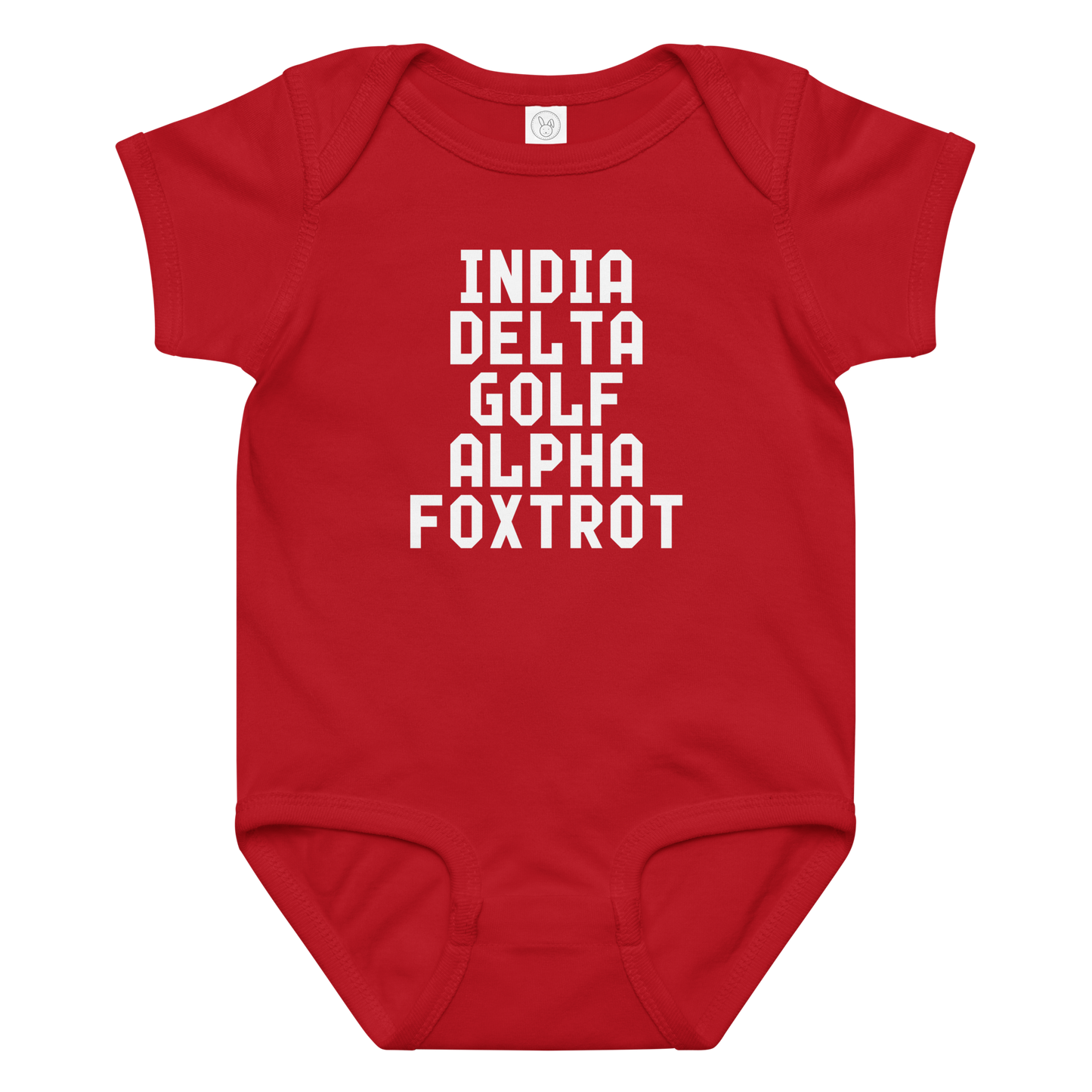 "India Delta Golf Alpha Foxtrot" printed on a red baby jersey bodysuit laying on a flat surface amongst other clothes