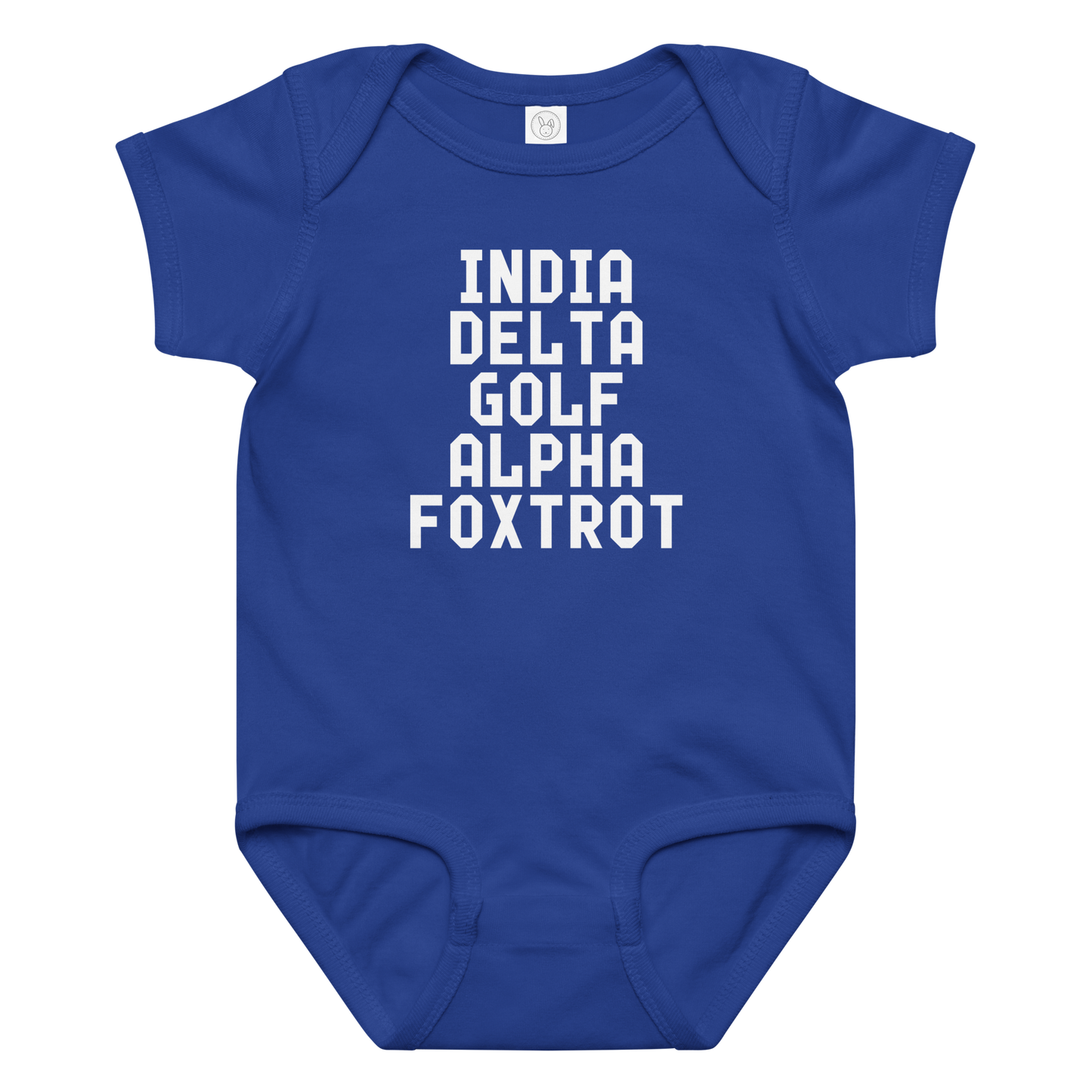 "India Delta Golf Alpha Foxtrot" printed on a royal baby jersey bodysuit laying on a flat surface amongst other clothes