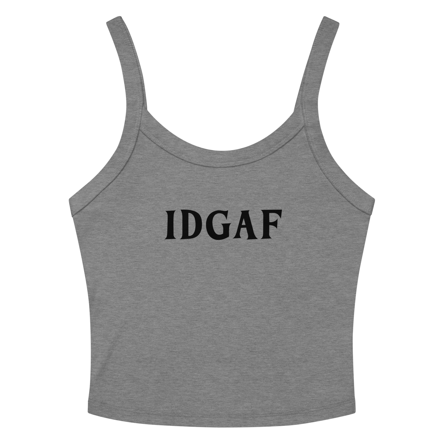 "IDGAF" printed on a athletic heather women's micro-rib tanktop laying on a flat surface amongst sunglasses and shorts