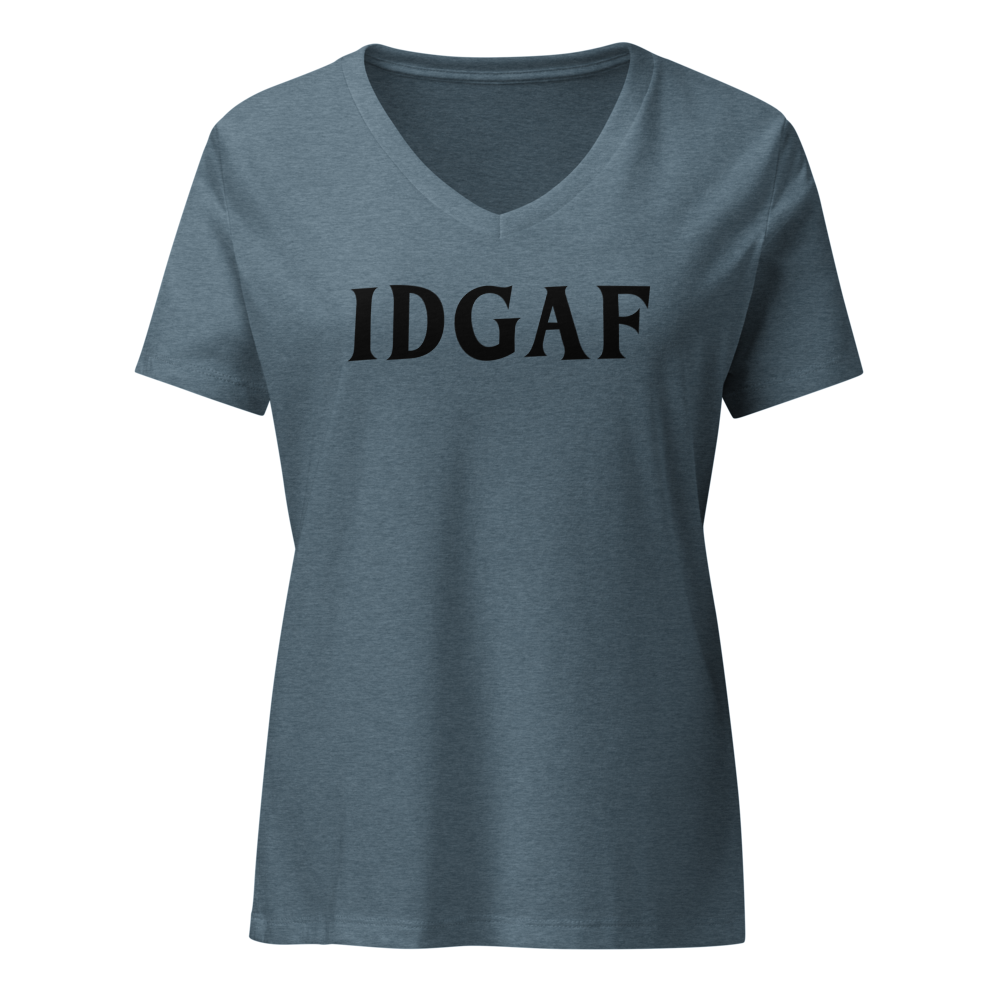 "IDGAF" printed on a heather slate on an invisible / simulated body