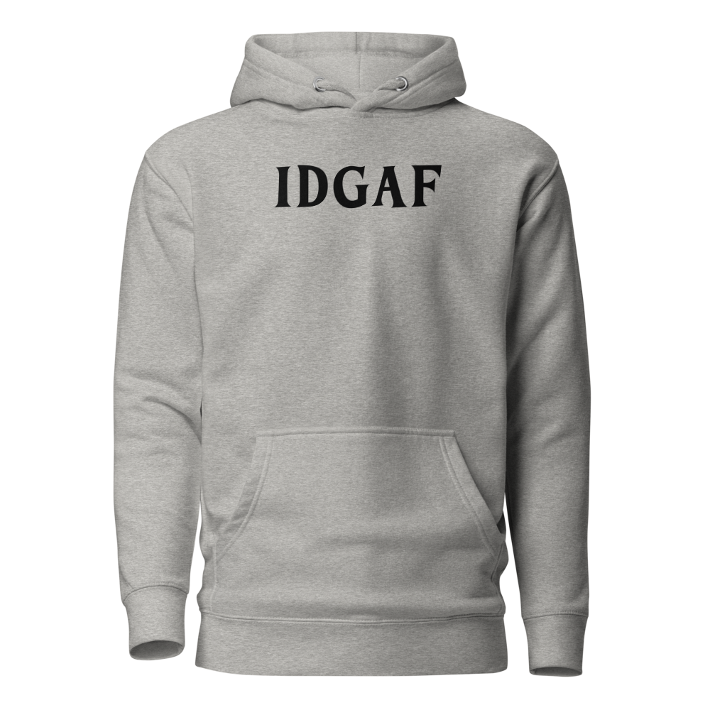 "IDGAF" printed on a carbon grey on an invisible / simulated body