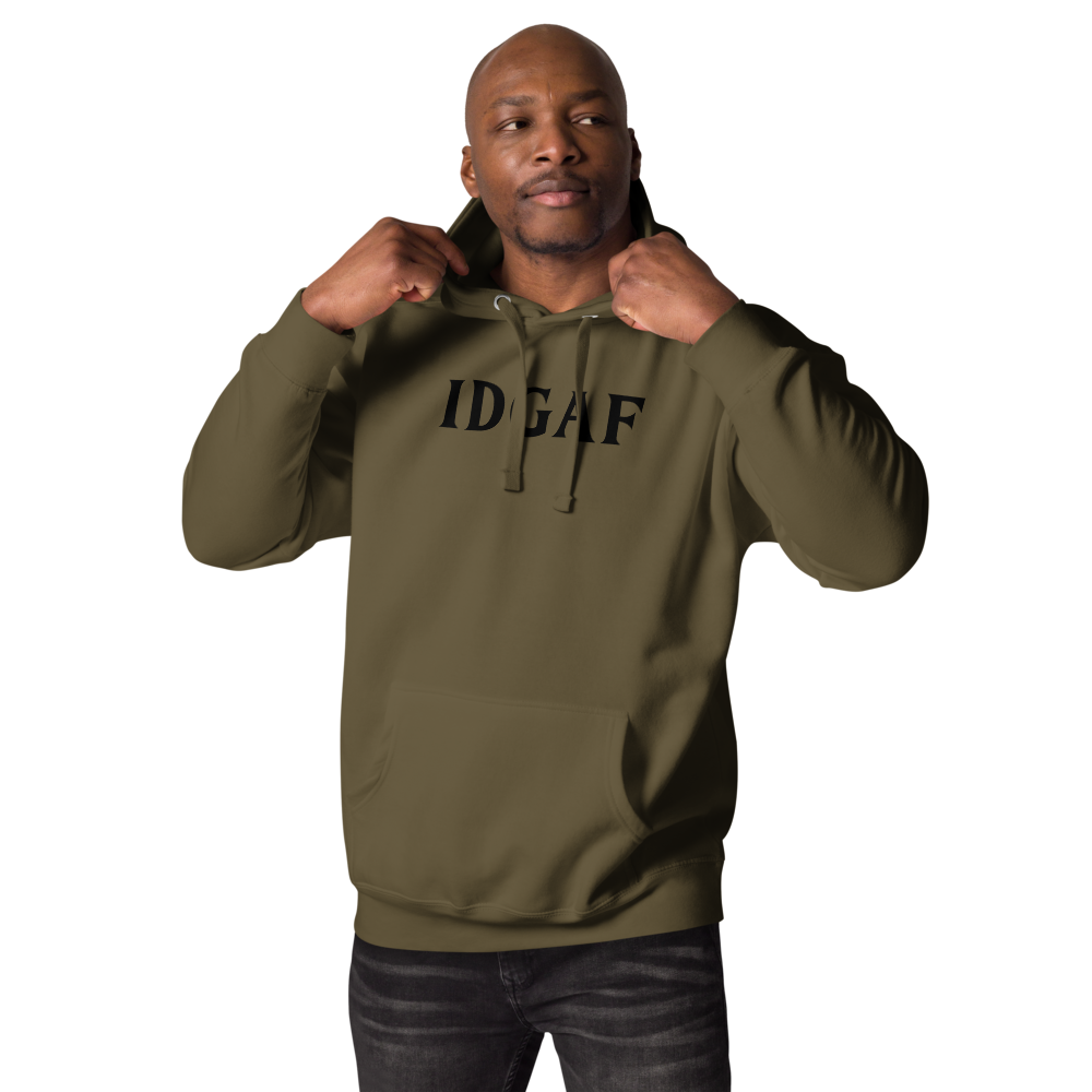 "IDGAF" printed on a military green unisex hoodie worn by a male