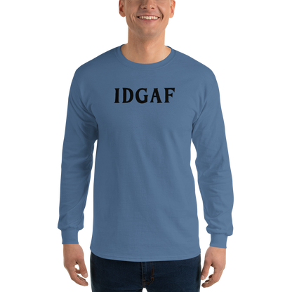 "IDGAF" printed on a indigo blue men's long sleeve shirt worn by a male