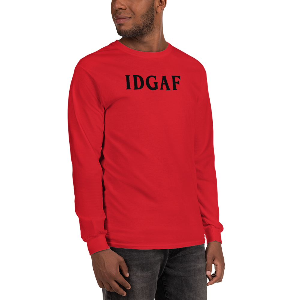 "IDGAF" printed on a red men's long sleeve shirt worn by a male