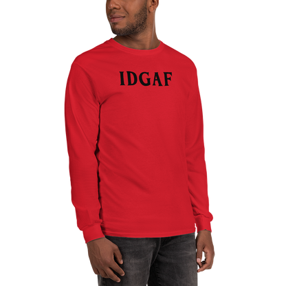 "IDGAF" printed on a red men's long sleeve shirt worn by a male