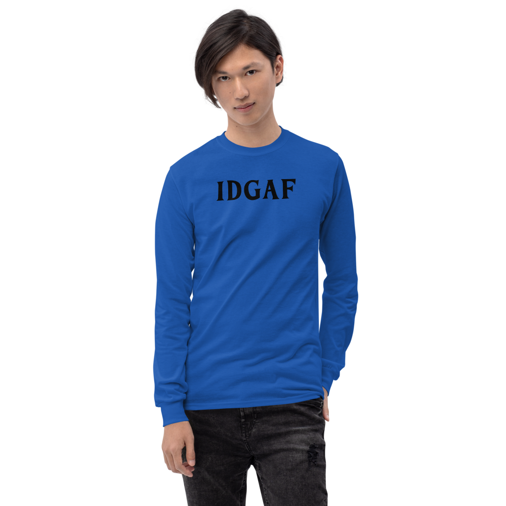 "IDGAF" printed on a royal men's long sleeve shirt worn by a male