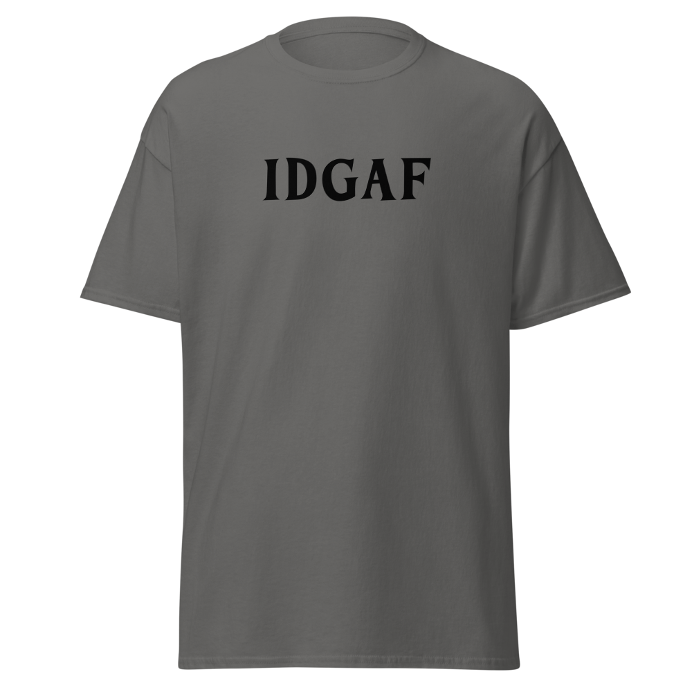 "IDGAF" printed on a charcoal on an invisible body