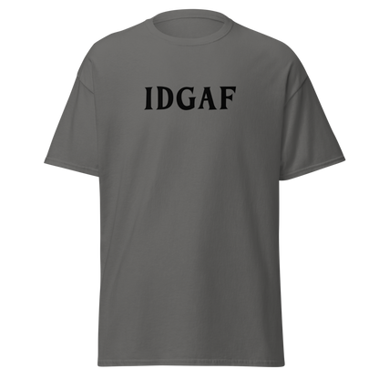 "IDGAF" printed on a charcoal on an invisible body