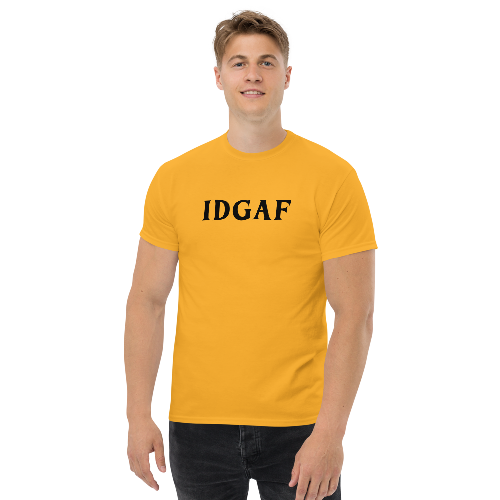 "IDGAF" printed on a gold unisex classic tee worn by a male