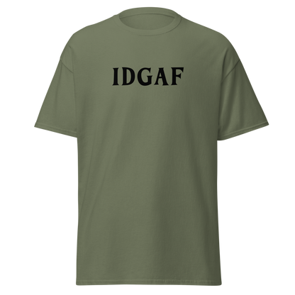 "IDGAF" printed on a military green on an invisible body