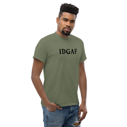 "IDGAF" printed on a military green unisex classic tee worn by a male