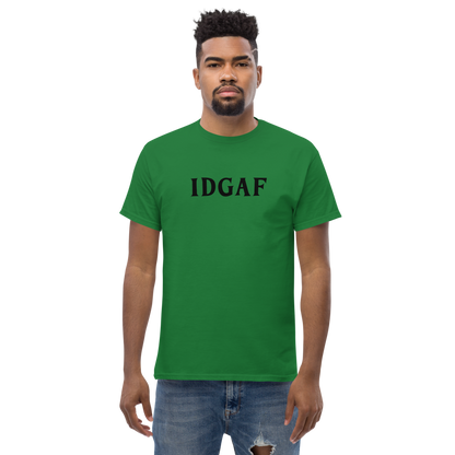 "IDGAF" printed on a turf green unisex classic tee worn by a male