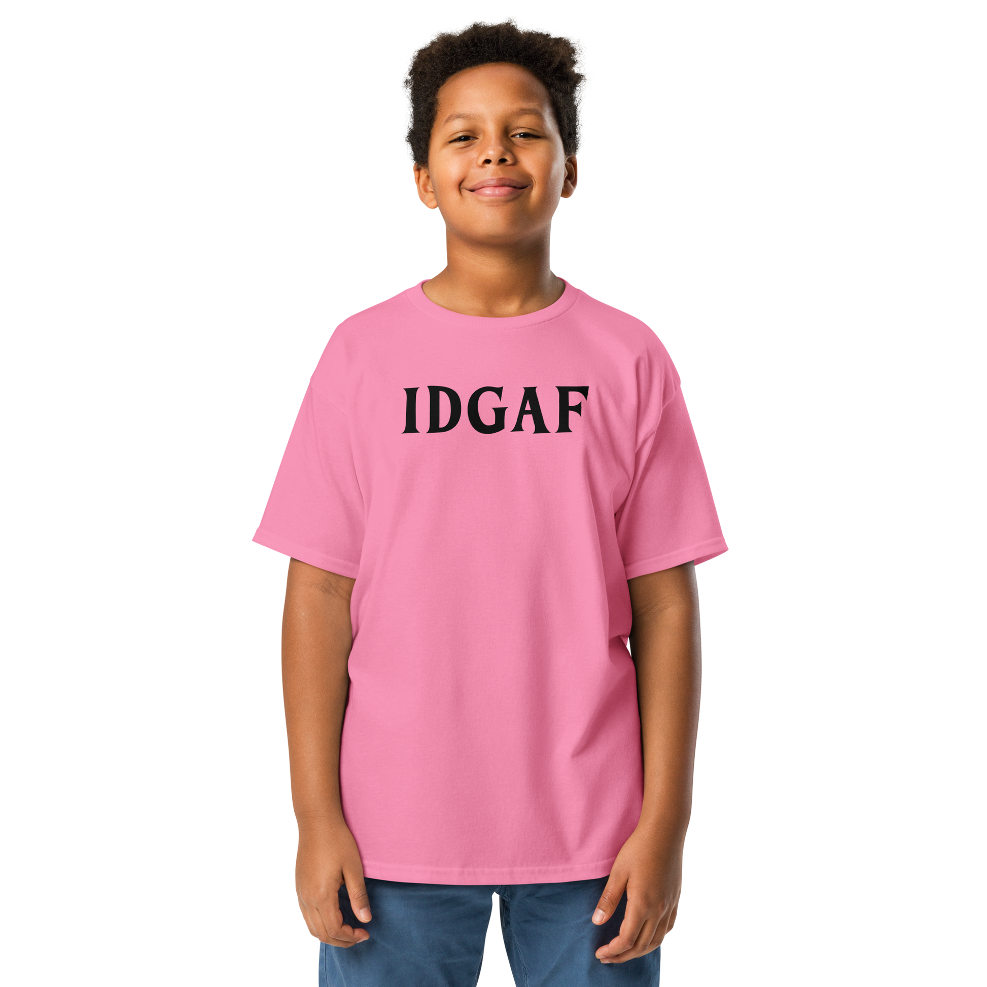 "IDGAF" printed on a azalea youth classic tee worn by a male