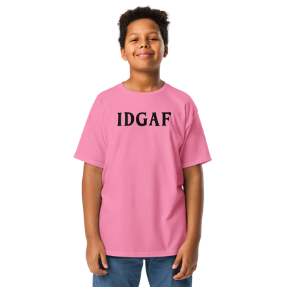 "IDGAF" printed on a azalea youth classic tee worn by a male
