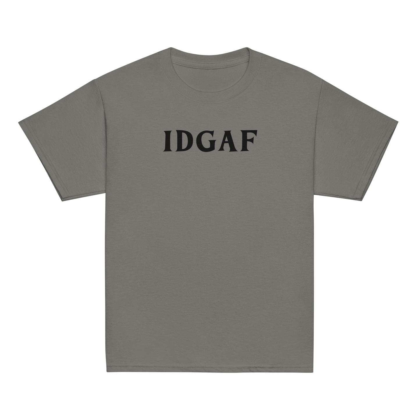 "IDGAF" printed on a charcoal youth classic tee laying on a flat surface