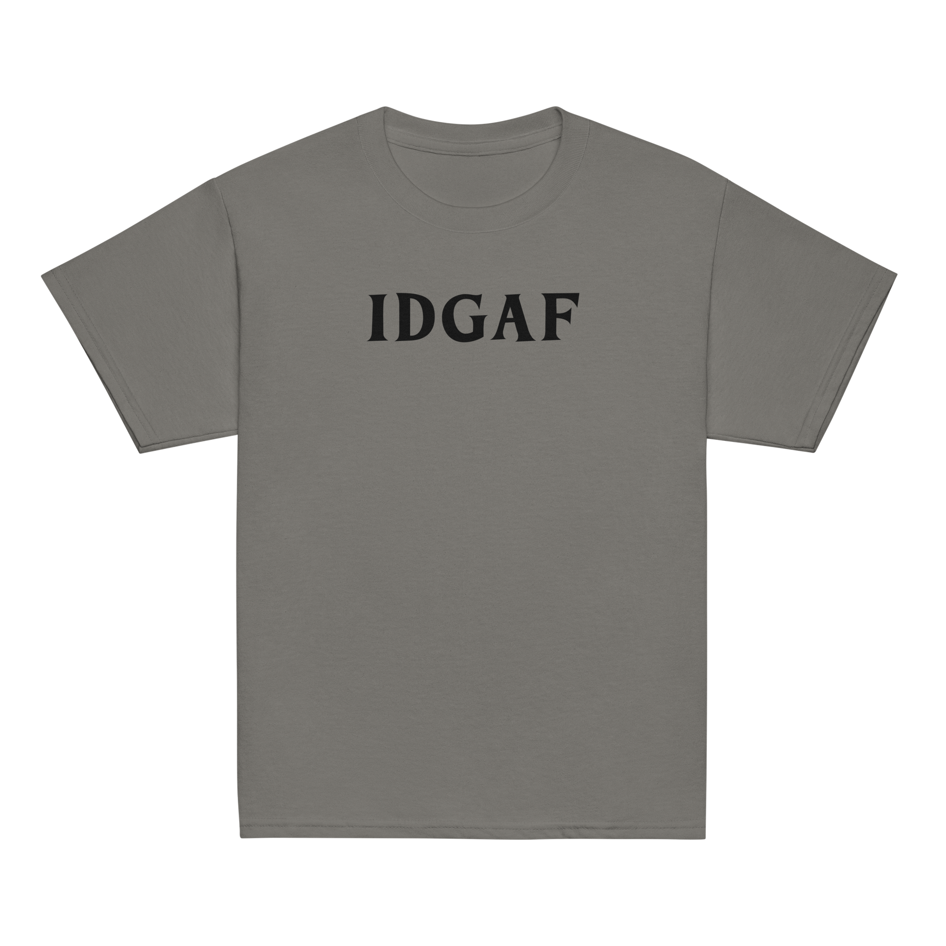"IDGAF" printed on a charcoal youth classic tee laying on a flat surface