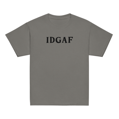 "IDGAF" printed on a charcoal youth classic tee laying on a flat surface