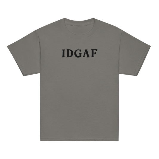 "IDGAF" printed on a charcoal youth classic tee laying on a flat surface