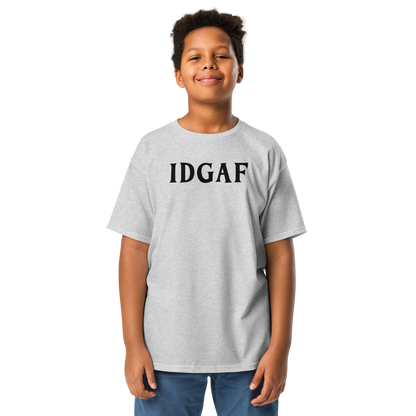 "IDGAF" printed on a sport grey youth classic tee worn by a male