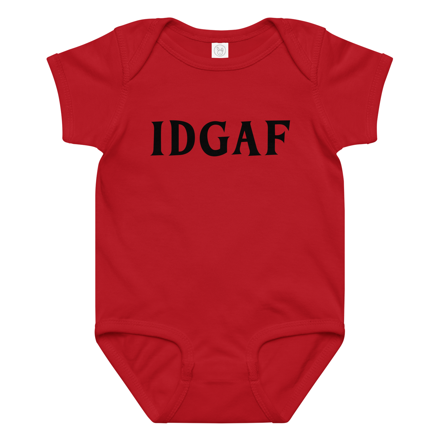 "IDGAF" printed on a red baby jersey bodysuit laying on a flat surface amongst other clothes