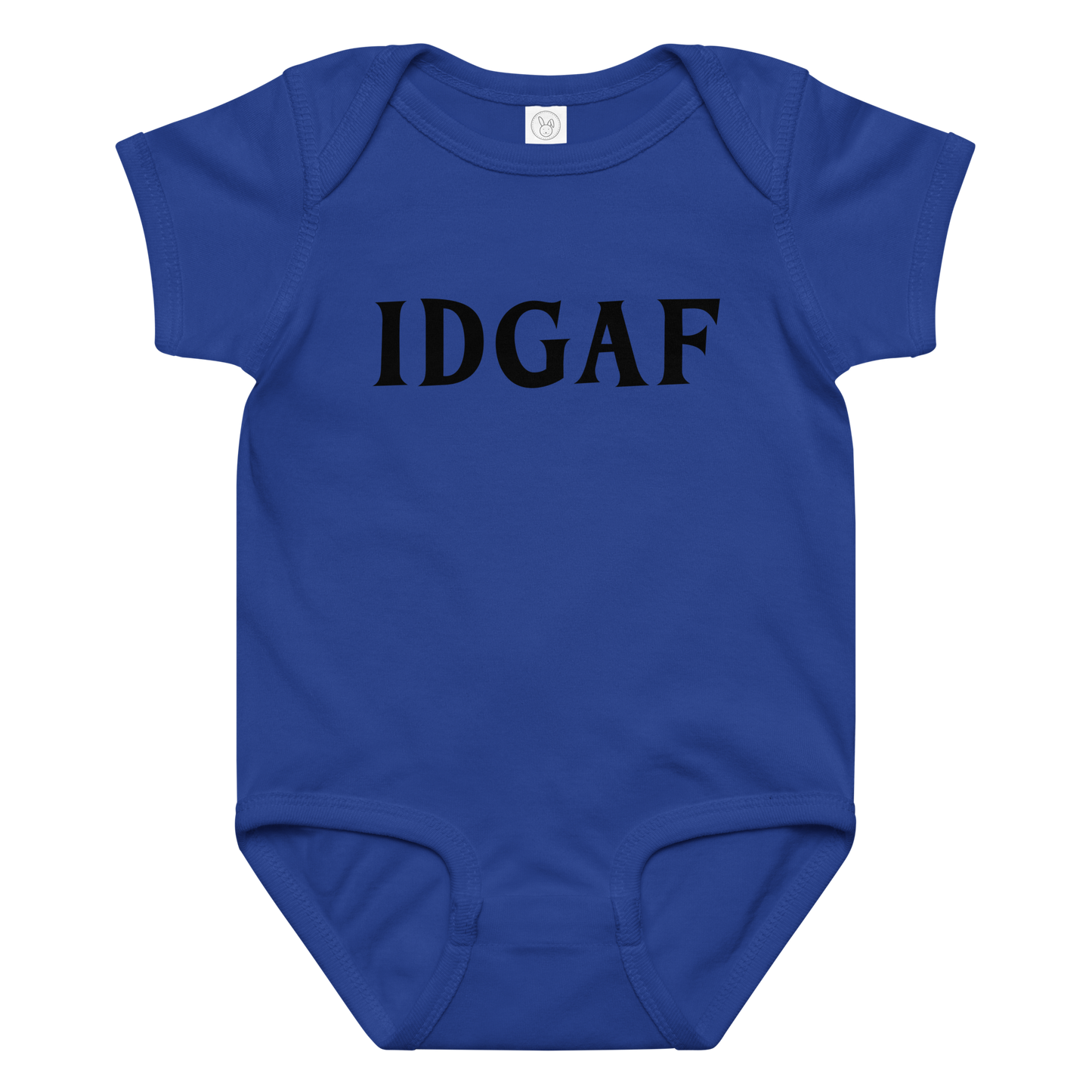 "IDGAF" printed on a royal baby jersey bodysuit laying on a flat surface amongst other clothes