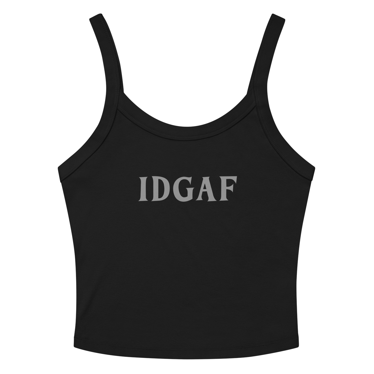 "IDGAF" printed on a solid black blend women's micro-rib tanktop laying on a flat surface amongst sunglasses and shorts