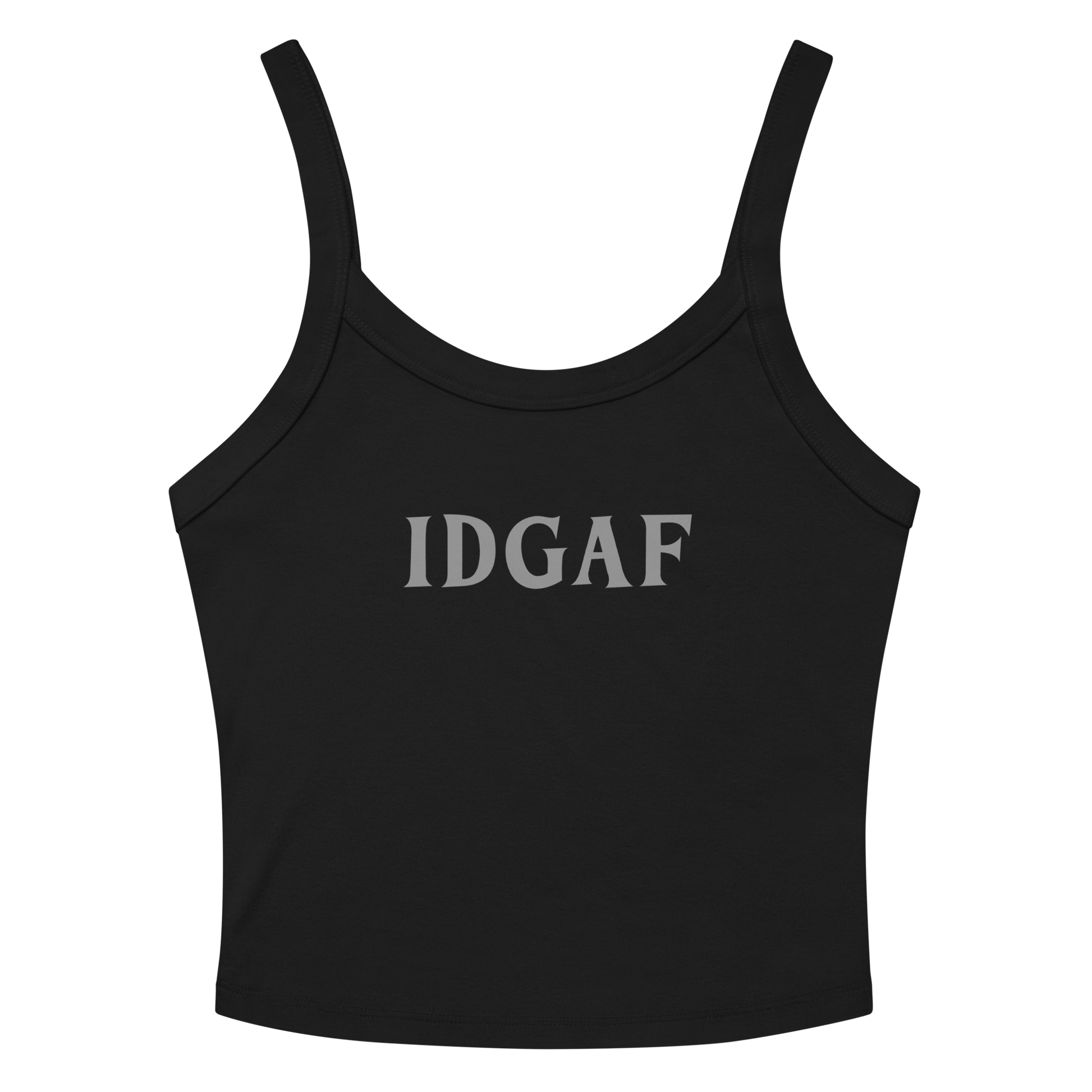 "IDGAF" printed on a solid black blend women's micro-rib tanktop laying on a flat surface amongst sunglasses and shorts