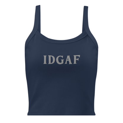 "IDGAF" printed on a solid navy blend women's micro-rib tanktop laying on a flat surface