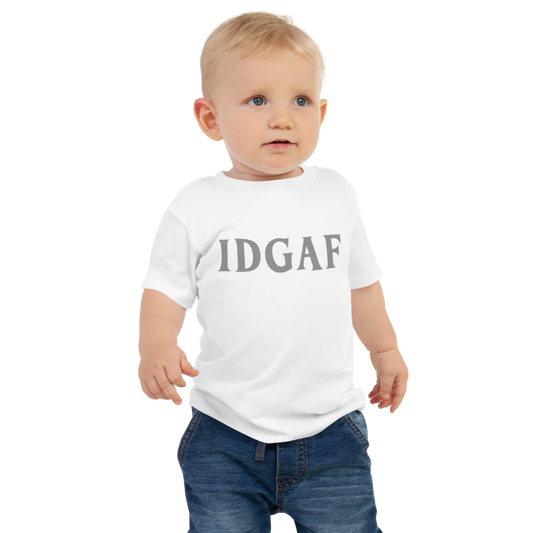"IDGAF" printed on a white baby jersey short sleeve tee worn by a male