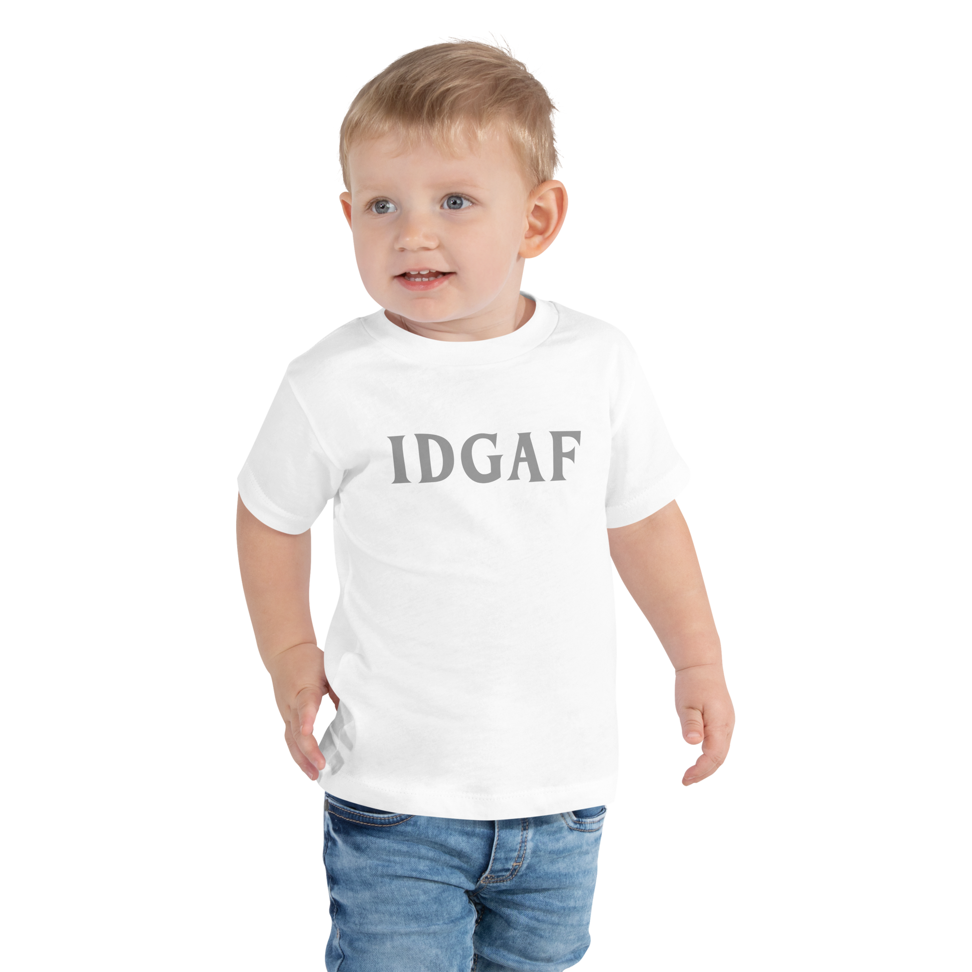"IDGAF" printed on a white toddler short sleeve tee worn by a male