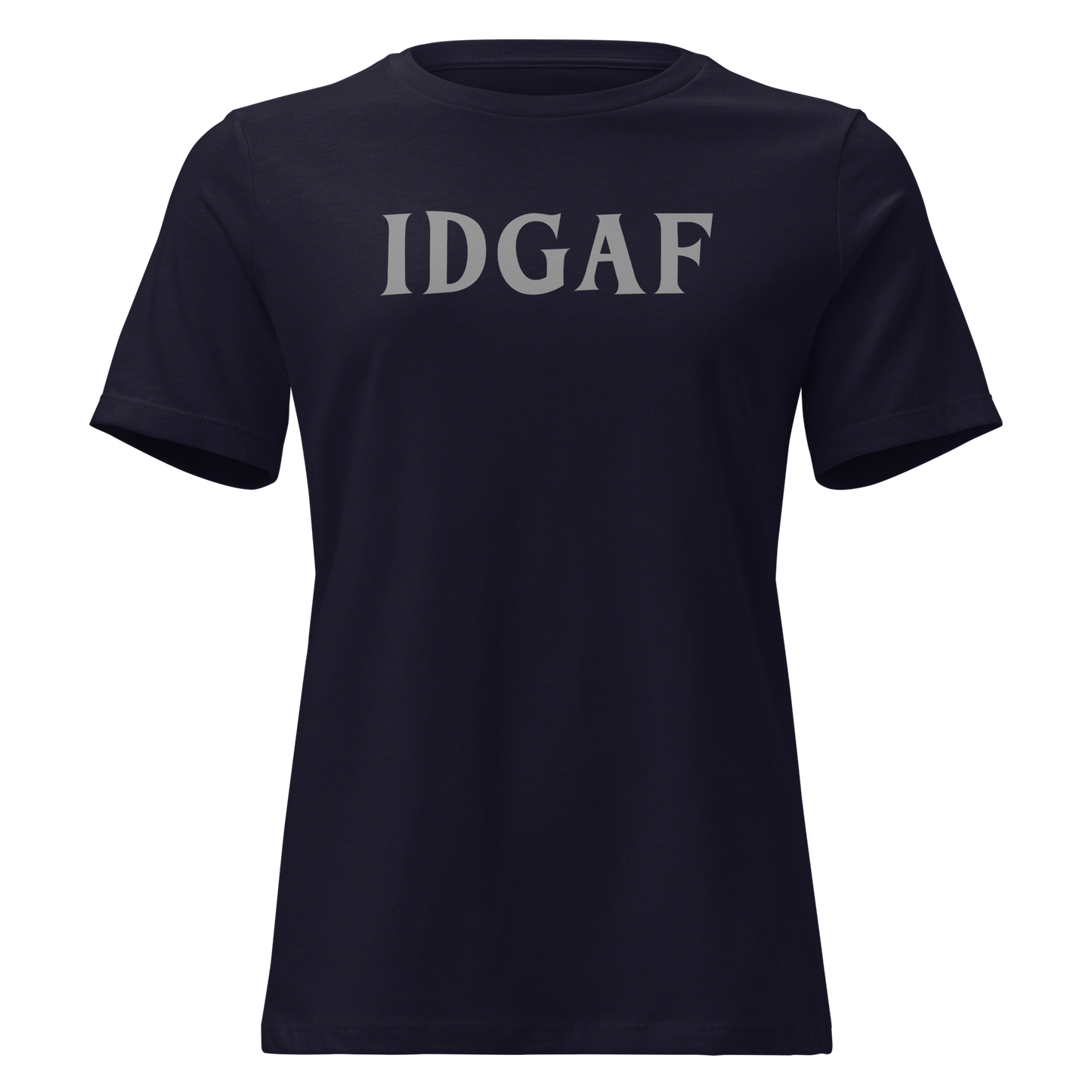 "IDGAF" printed on a navy on an invisible / simulated body