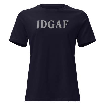 "IDGAF" printed on a navy on an invisible / simulated body