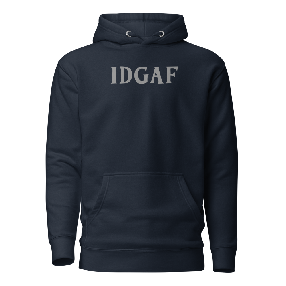 "IDGAF" printed on a navy blazer on an invisible / simulated body
