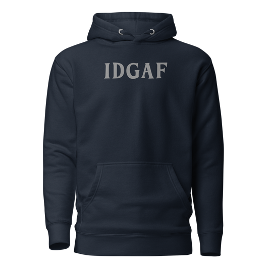 "IDGAF" printed on a navy blazer on an invisible / simulated body