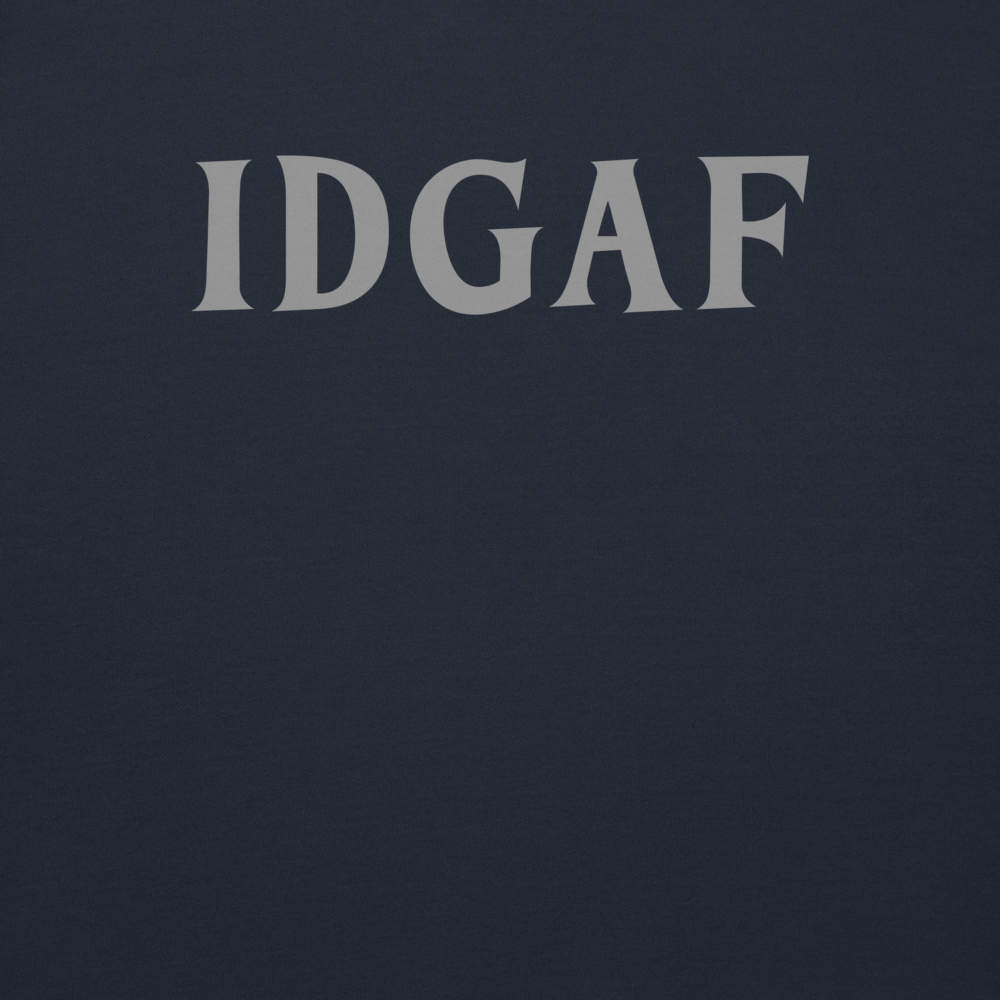 "IDGAF" printed on a navy blazer background