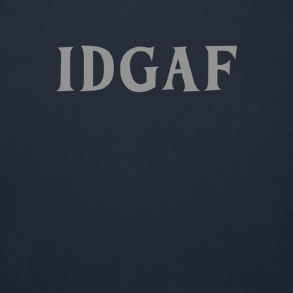 "IDGAF" printed on a navy blazer background
