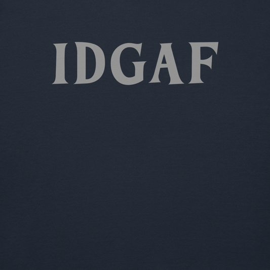"IDGAF" printed on a navy blazer background