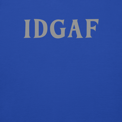 "IDGAF" printed on a team royal background