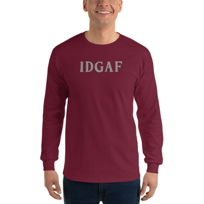"IDGAF" printed on a maroon men's long sleeve shirt worn by a male
