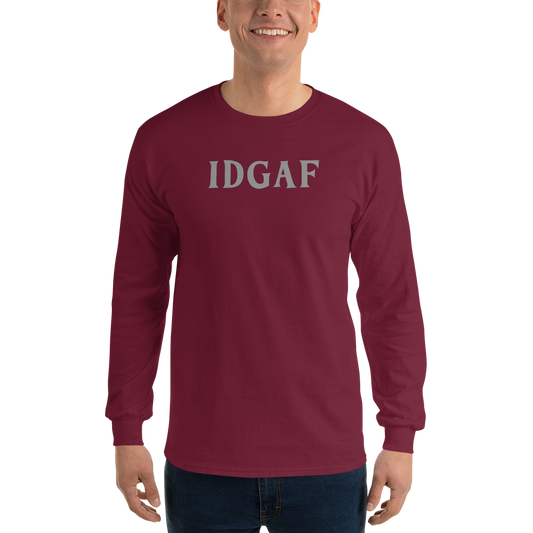 "IDGAF" printed on a maroon men's long sleeve shirt worn by a male
