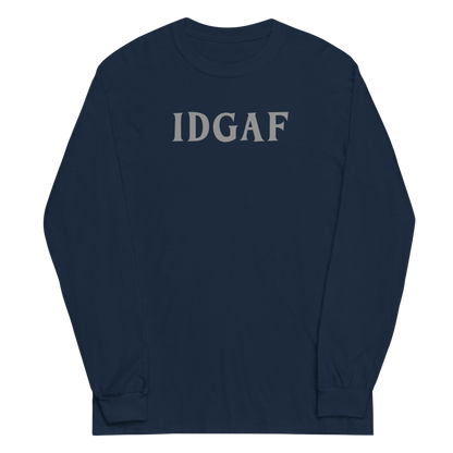 "IDGAF" printed on a navy men's long sleeve shirt laying on a flat surface