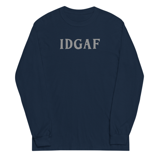 "IDGAF" printed on a navy men's long sleeve shirt laying on a flat surface