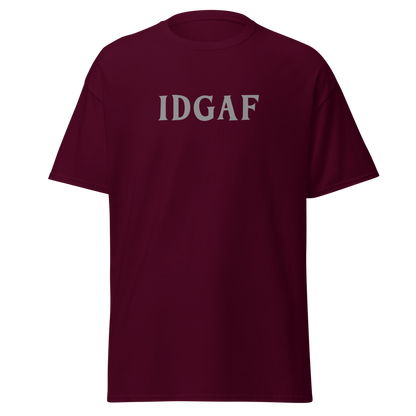 "IDGAF" printed on a maroon on an invisible body